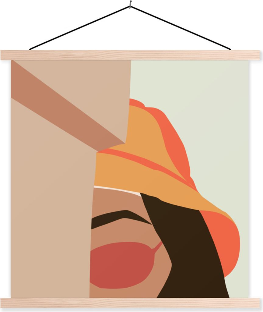 MuchoWow Textilposter Frau - Hut - Sonnenbrille 40x40 cm mit holzfarbenen Rahmen - Posterleiste