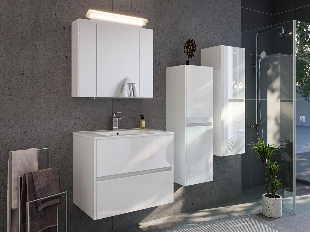 Badmöbelset Taifun 70cm 4tlg mit Spiegelschrank & 2x Seitenschrank weiß Hgl : Weiss hochglanz Varianten: Weiss hochglanz