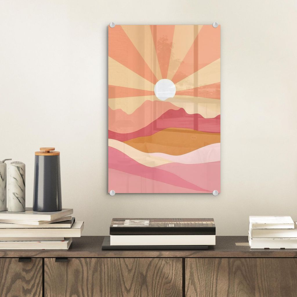 MuchoWow Glasbilder - Bilder auf Wandbild - Foto auf Glas Berge - Abstrakt - Sonnenstrahlen - Rosa 20x30 cm Wanddekoration aus Glas - Acrylglasbild...