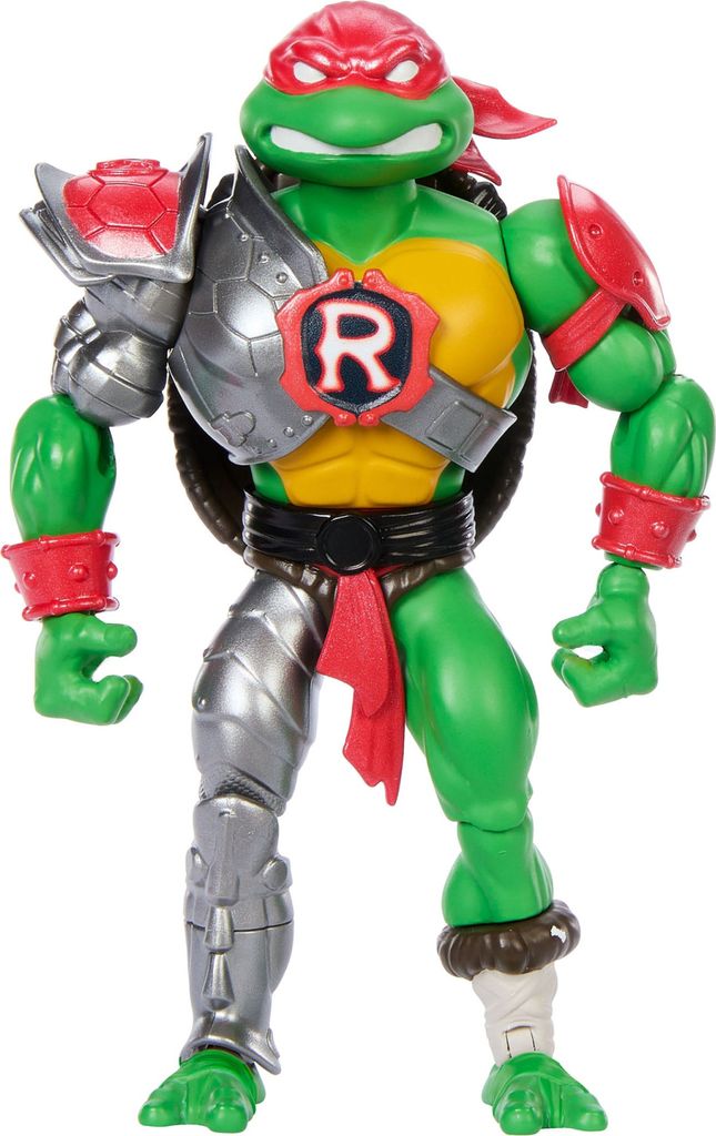 A full-body studio shot of a Teenage Mutant Ninja Turtle action figure, Raphael, in armor.