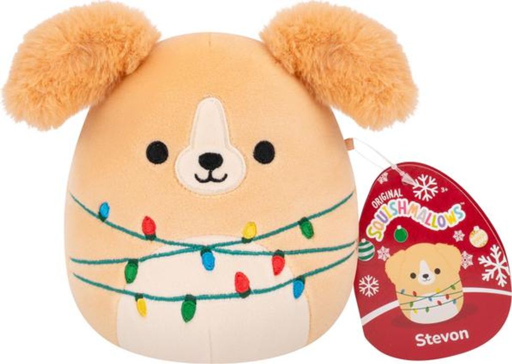 A plush toy dog wearing a string of Christmas lights, with its tag visible.