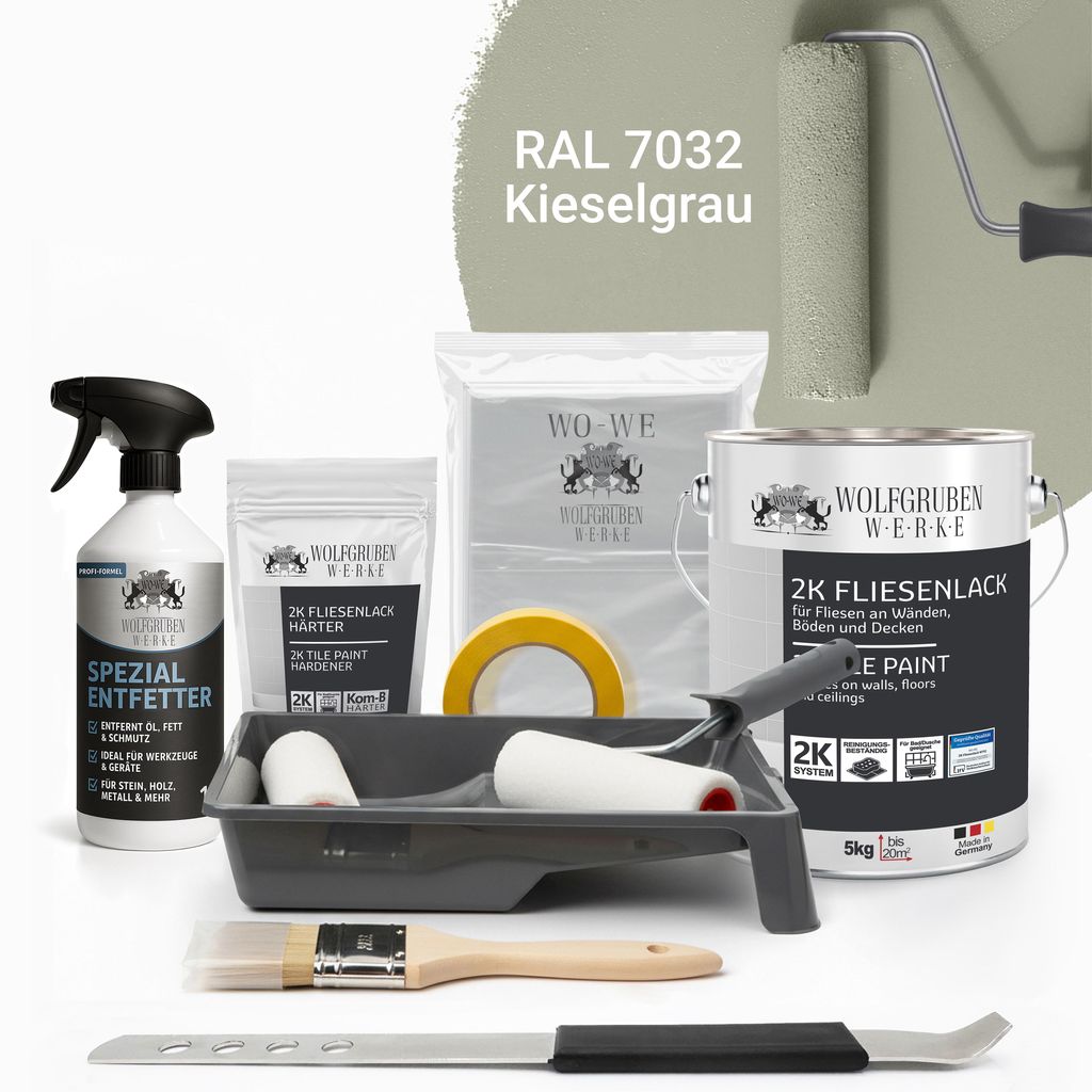 WO-WE Komplettset 2K Fliesenlack Renovierungsset für Küche, Badezimmer, Wand- & Bodenfliesen Kieselgrau 5Kg