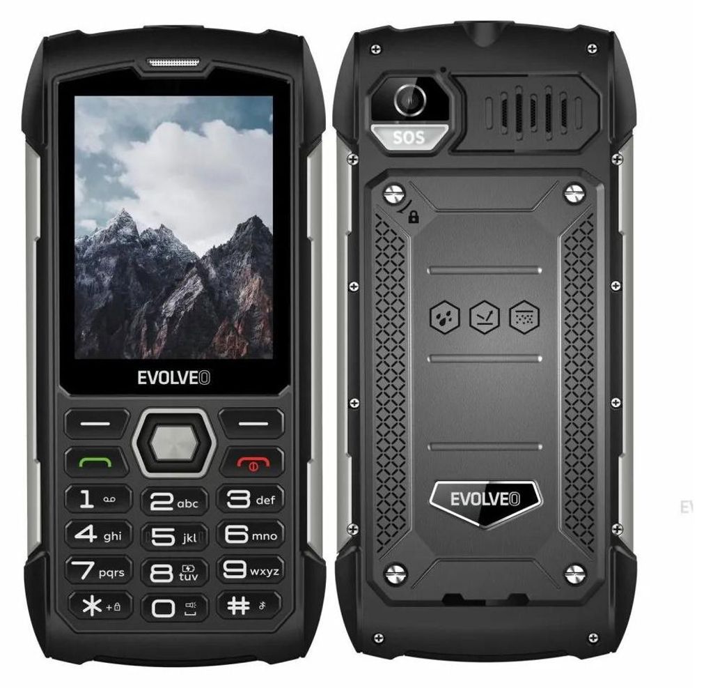 Front and back view of a rugged EVOLVEO StrongPhone H1 smartphone.