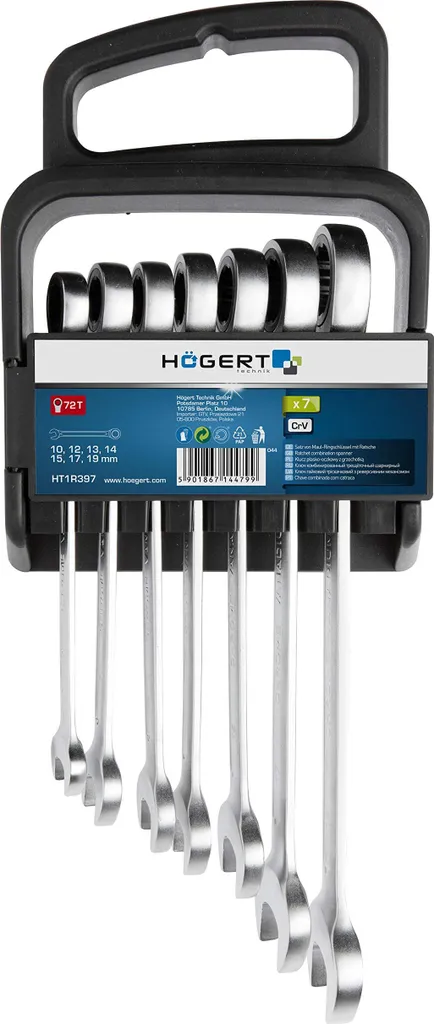 Lot de 7 clés mixtes à cliquet 10-19mm pour entretien mécanique et auto