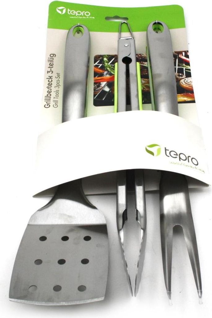 Tepro Grillbesteck 3 teilig Grillzubehör Gabel Zange Wender BBQ Grillzubehör