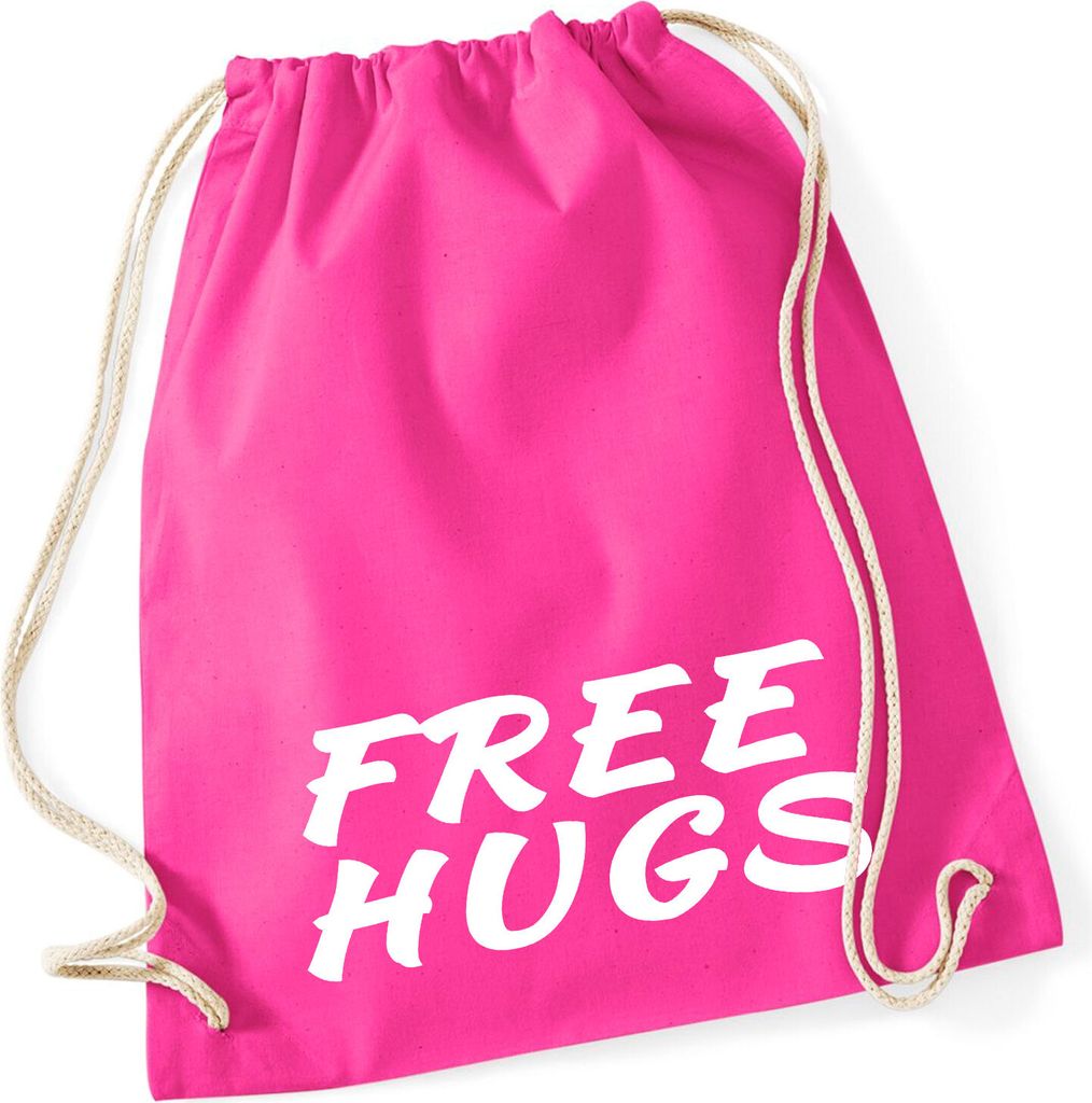 Huuraa Turnbeutel Free Hugs Schriftzug 12 Liter Fuchsia Baumwolle Rucksack Geschenkidee