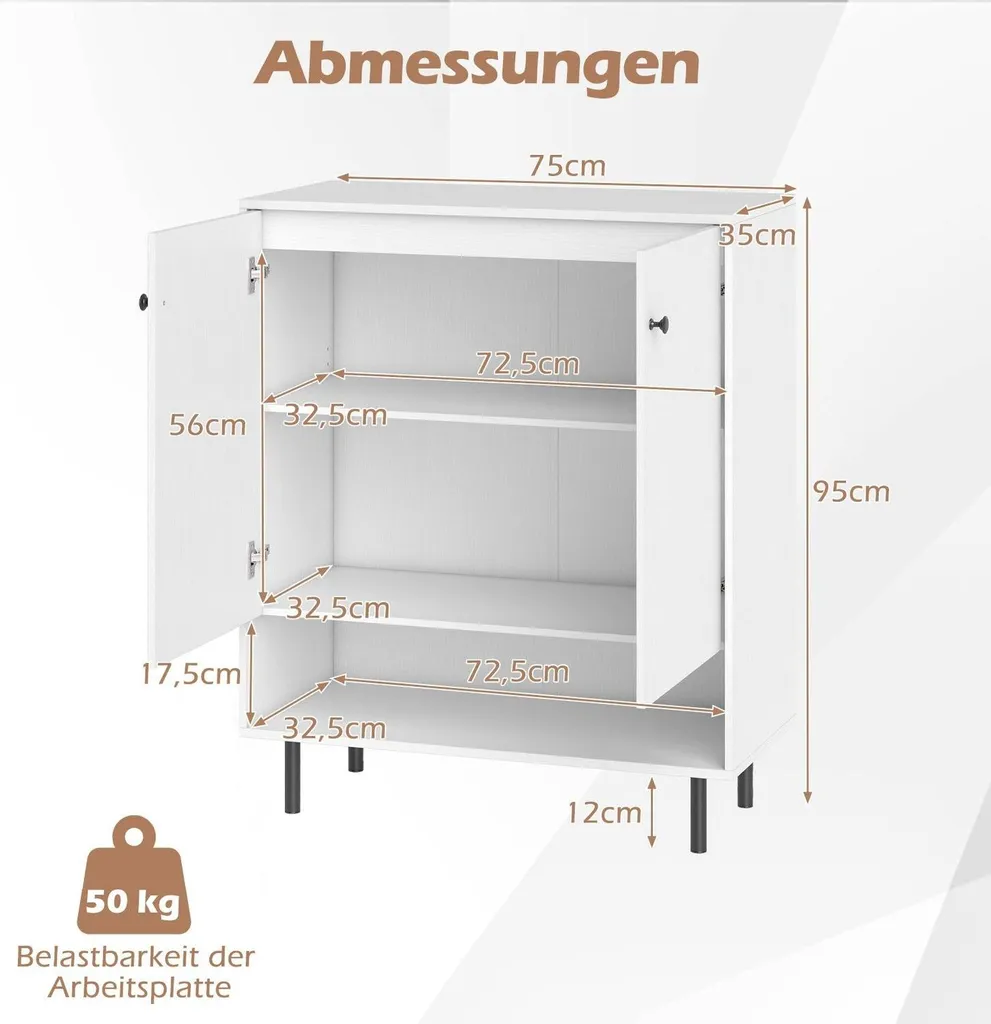 Buffet blanc anti-encombrement cuisine avec 2 portes et rayons réglables