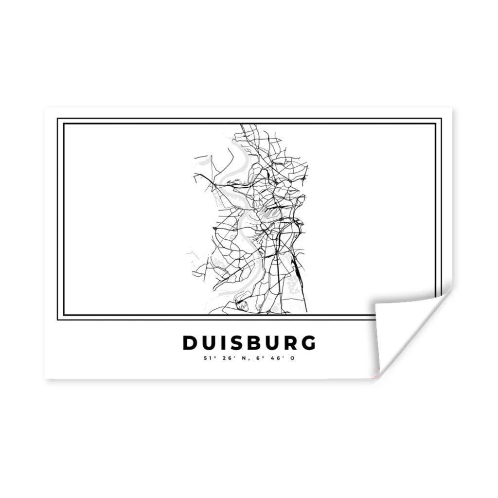 MuchoWow Poster Schwarz und weiß - Deutschland - Karte - Stadtplan - Duisburg 60x40 cm - Schlafzimmerdekoration