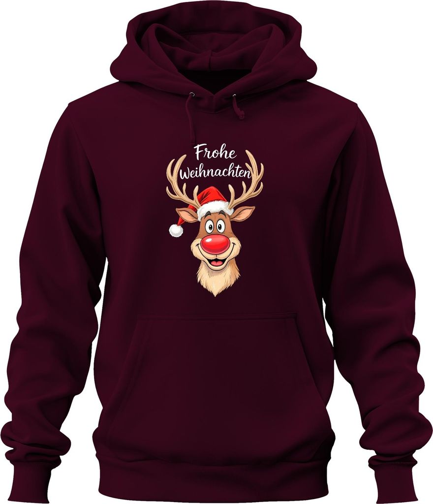 Frohe Weihnachten Rentier Rudolph Rotnase Nikolaus Mütze Lustig Uni Hoodie Kapuzenpullover, Burgundy, 3XL