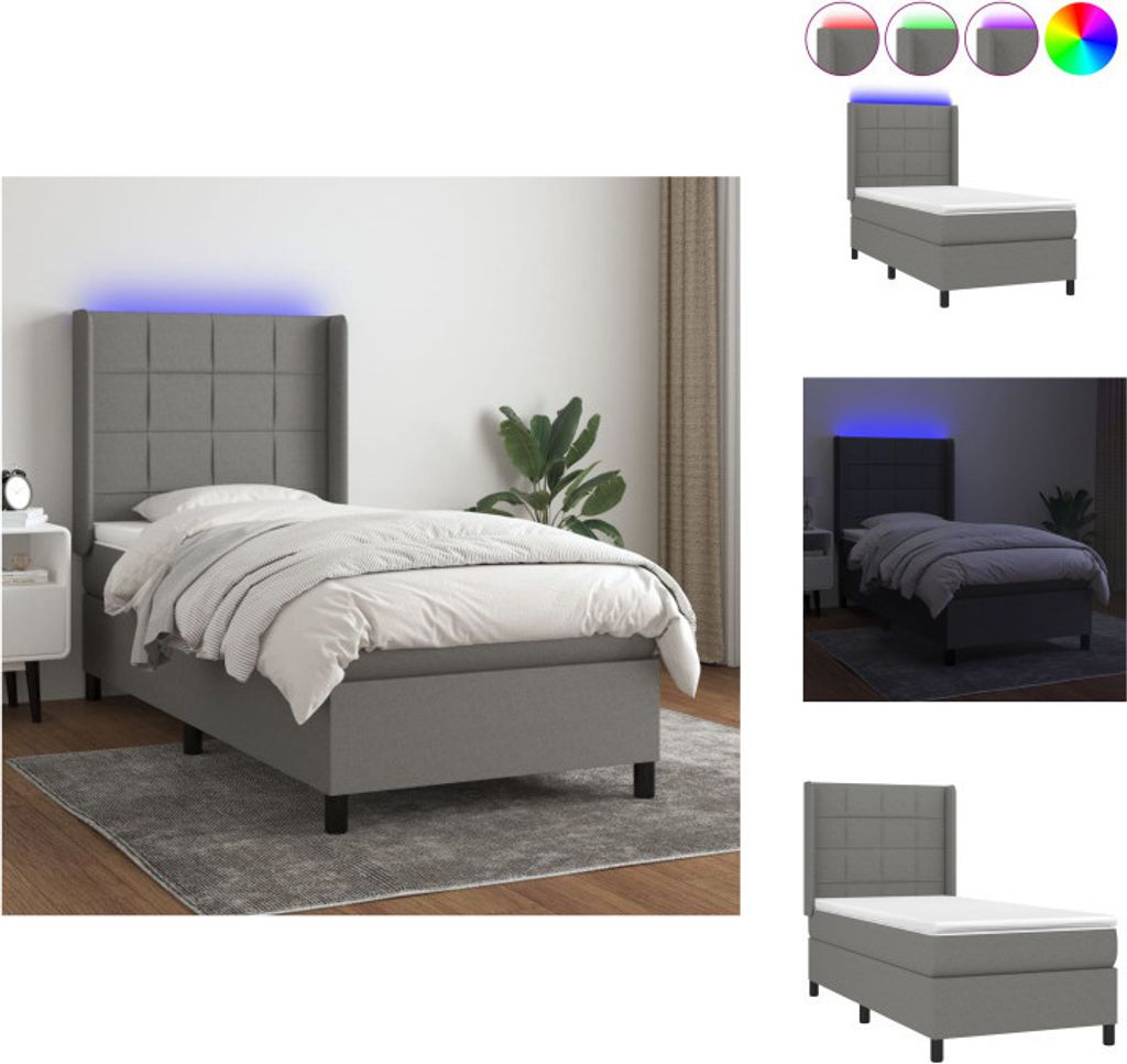 vidaXL Boxspringbett mit Matratze & LED Dunkelgrau 90x200 cm Stoff - Betten & Bettgestelle