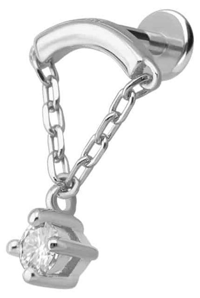 Ohrpiercing, Nasenpiercing Titan Labret mit Innengewinde + 925er Silber Aufsatz MOISSANIT + BOGEN + KETTE WeißGold Stablänge: 5mm | Stabstärke: ...