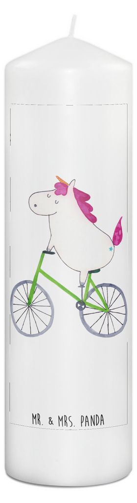 Mr. & Mrs. Panda Kerze Einhorn Radfahrer 29 x 8 cm XL - Weiß - Geschenk, Stumpenkerze, Bike, Erinnerungslicht, Bedruckte, Unicorn, Erinnerungskerz...