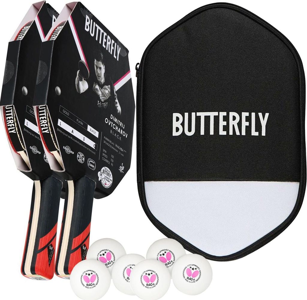 Butterfly 2x Dimitrij Ovtcharov Black Tischtennisschläger + Tischtennishülle + 6x 40+ 3*** Tischtennisbälle