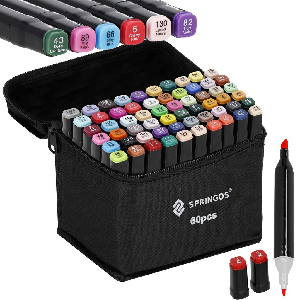 Springos Alkohol Marker 60 Stück Weiche Farben zum Zeichnen und Malen inkl. Ordner