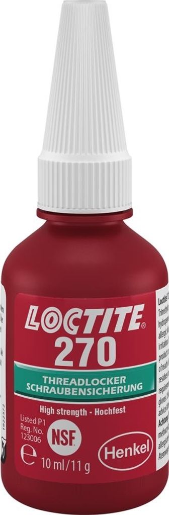 A red bottle of Loctite 270 threadlocker with a white cap.