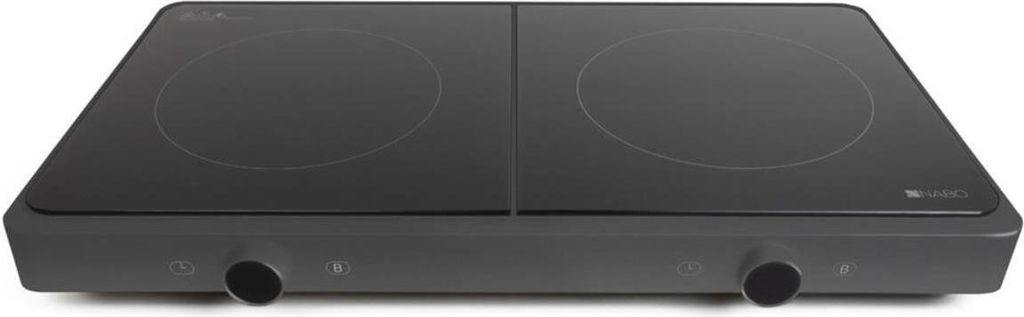 A black two-burner induction cooktop is shown from a slightly elevated front-facing angle against a white background.