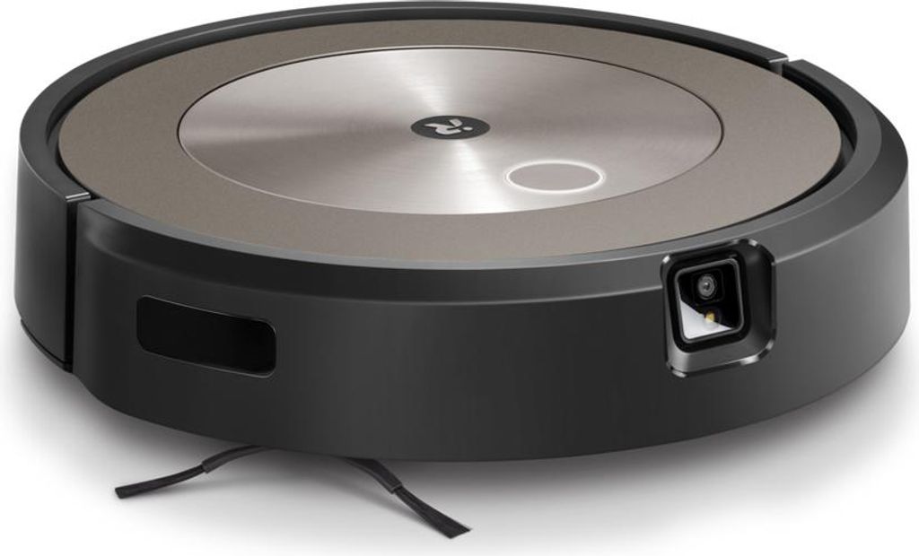 A robotic vacuum cleaner is shown from a slightly elevated angle against a white background.