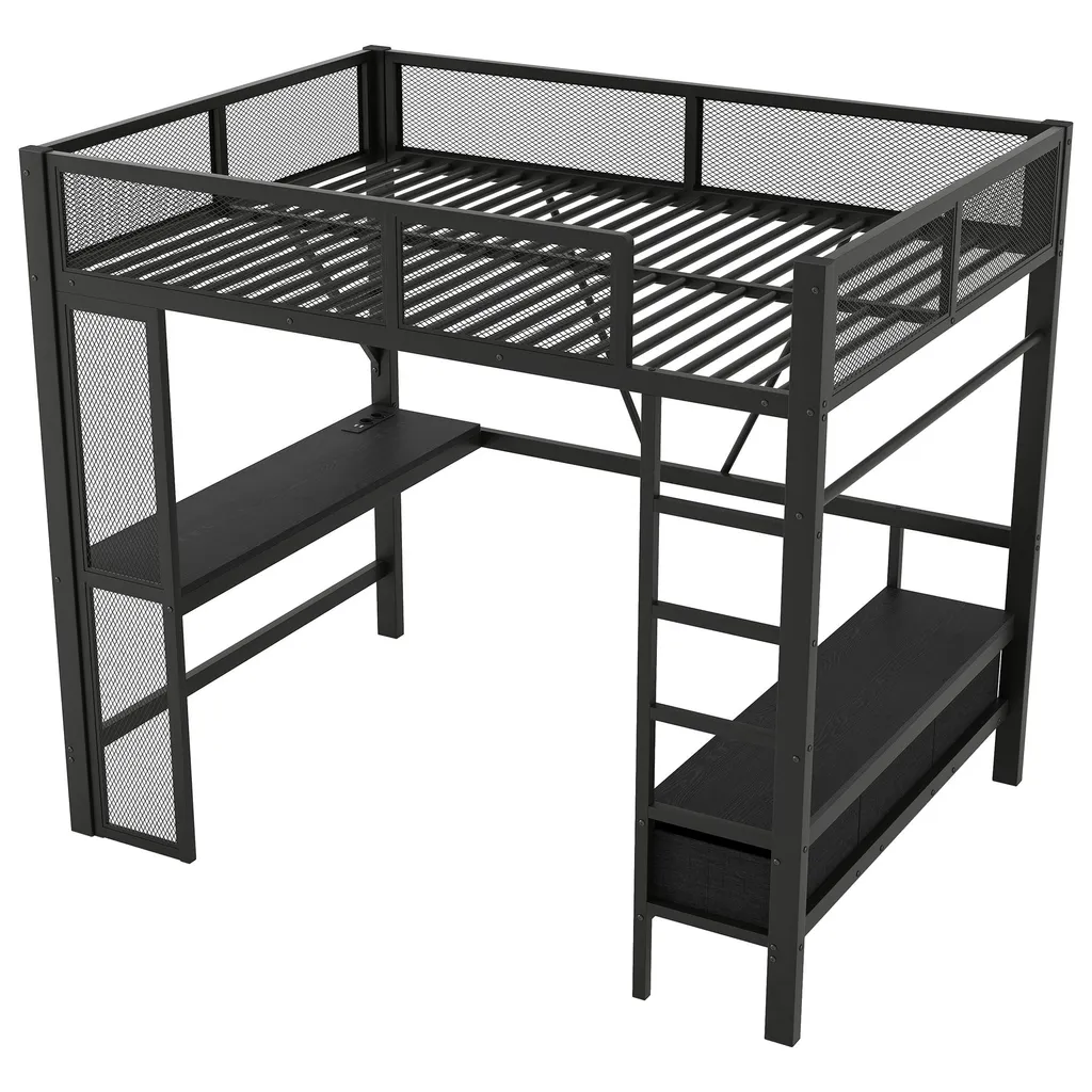 Lit superposé 140x200 avec LED et bureau, structure métal noir - 10