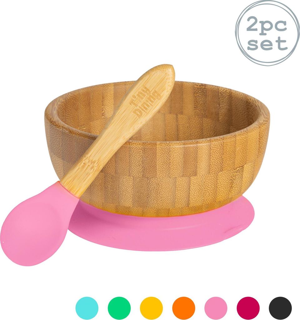 Tiny Dining Kinder Bambus Getreide / Dessertschale mit Aufenthalt Put Saug- & Soft Tip Löffel - Pink