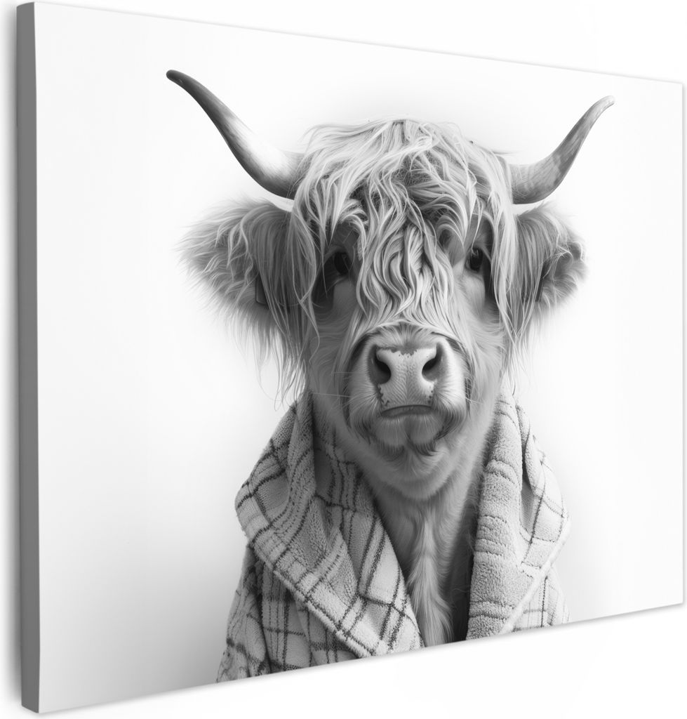 MuchoWow - Leinwandbilder - Schottischer Highlander - Kuh - Bademantel - Schwarz und weiß, Wandbild, Wanddeko Bilder Wohnzimmer, 80x60 cm