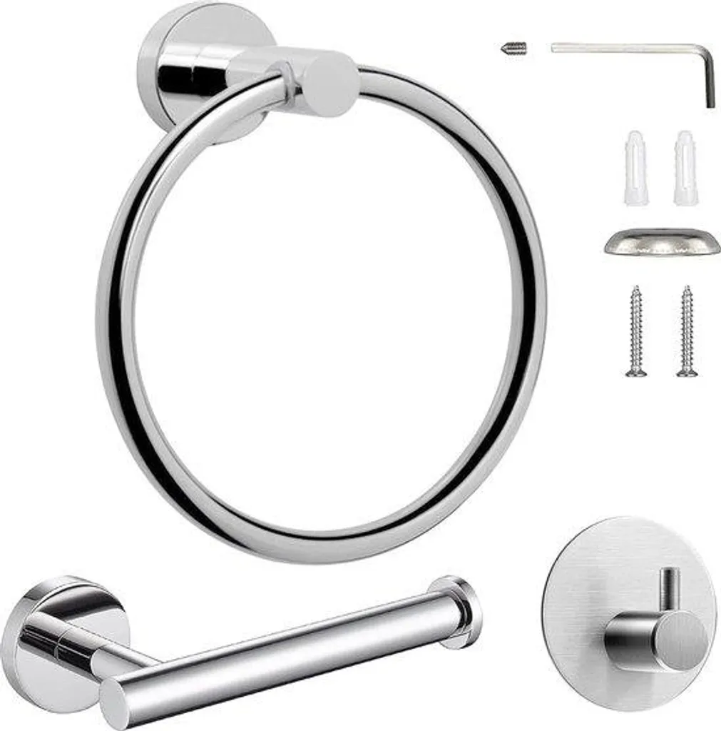 Accessoires de bain muraux inox : porte-rouleau et anneau serviette