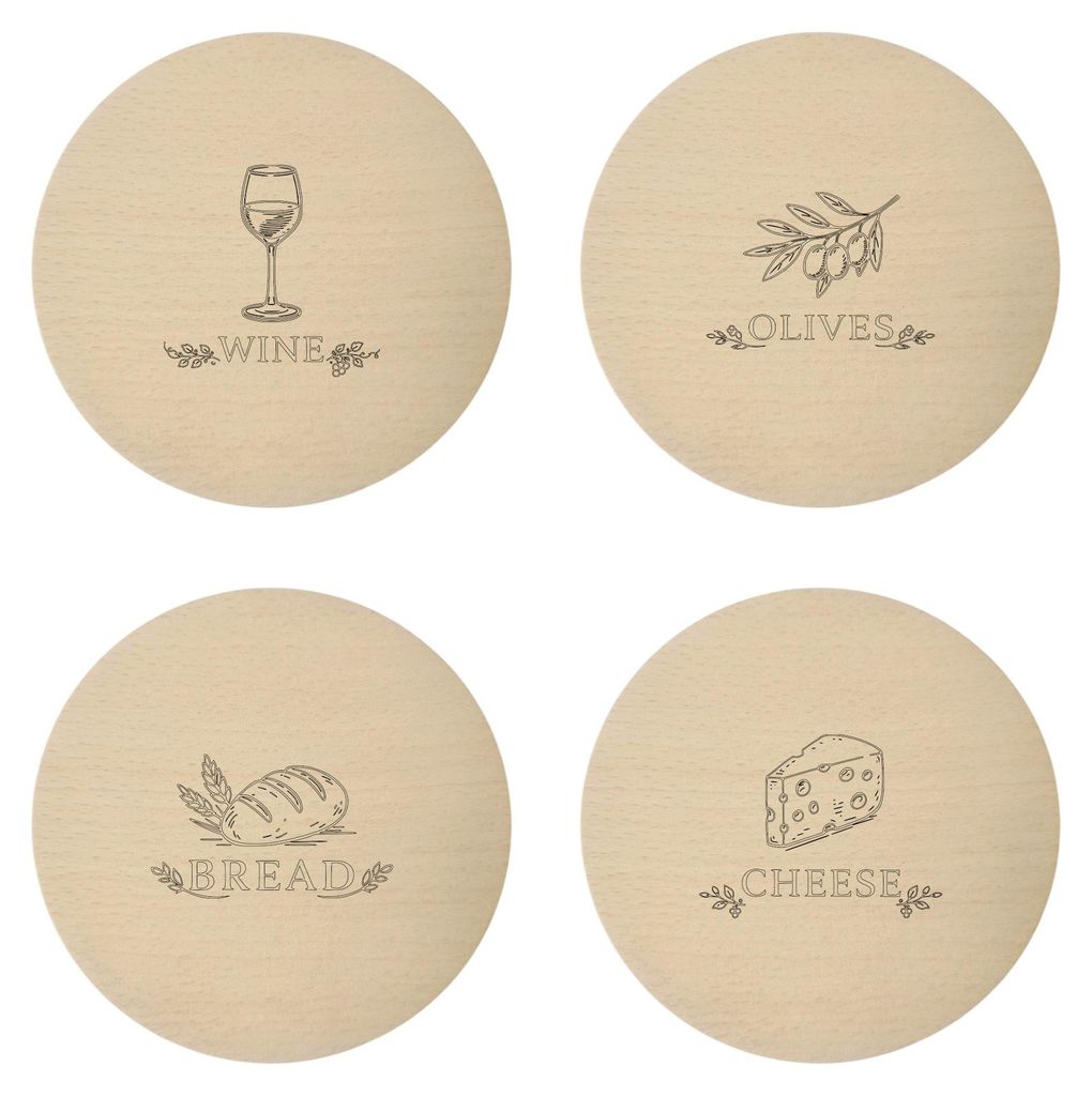 Gravierte Holzuntersetzer – 4er-Set, Wein-, Brot-, Käse- und Olivenmotiv, Buche, 10 cm