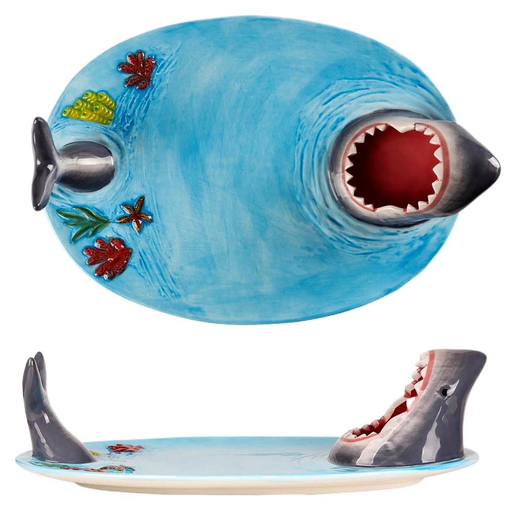 Keramischer Sushi-Teller in Haifischform, 32 cm, Servierplatte für Partys, geeignet für Kuchen, Snacks, Obst und Desserts