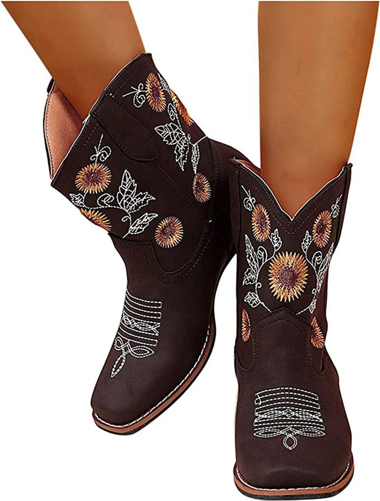 ASKSA Damen Stiefeletten mit Absatz Plateau Kurzschaft Sonnenblume Ankle Boots Kurz Stiefel, Kaffee, Größe: 37