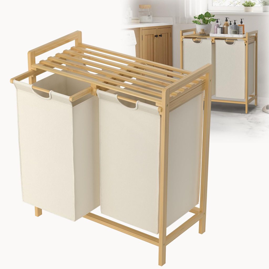 Sessamen-LP Wäschekorb 2 Fächer Bambus Wäschesortierer mit Ablage Wäschesammler Herausnehmbaren Wäschesäcke Wäschetrenne für Schlafzimmer W...