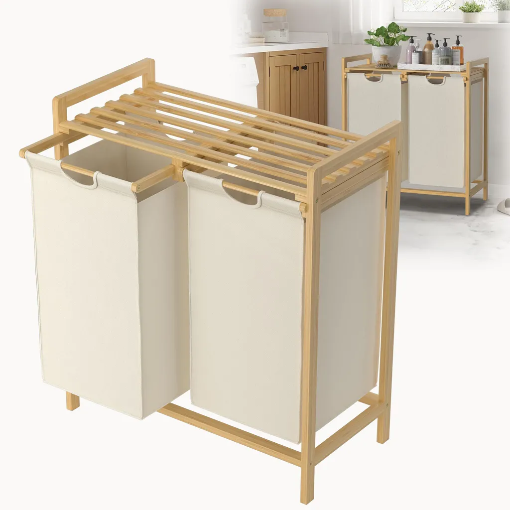 Panier à linge 2 compartiments en bois de bambou avec étagère de tri