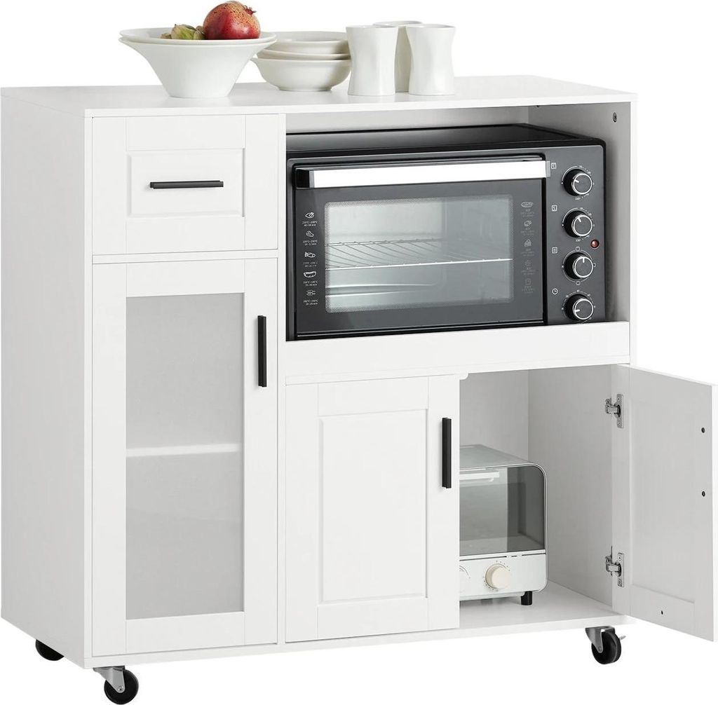 FSB78, Küchenwagen/Sideboard auf Rollen, Mikrowellenschrank mit Stauraum, Weiß