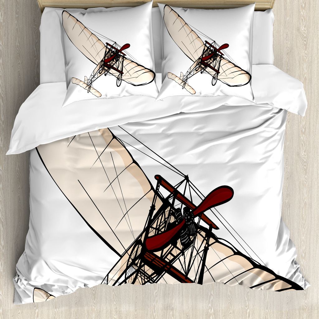ABAKUHAUS Weinlese-Flugzeug Bettbezug, Old Engine, Milbensicher Allergiker geeignet mit Kissenbezügen, 200 cm x 200 cm - 80 x 80 cm, Peach Burgund...