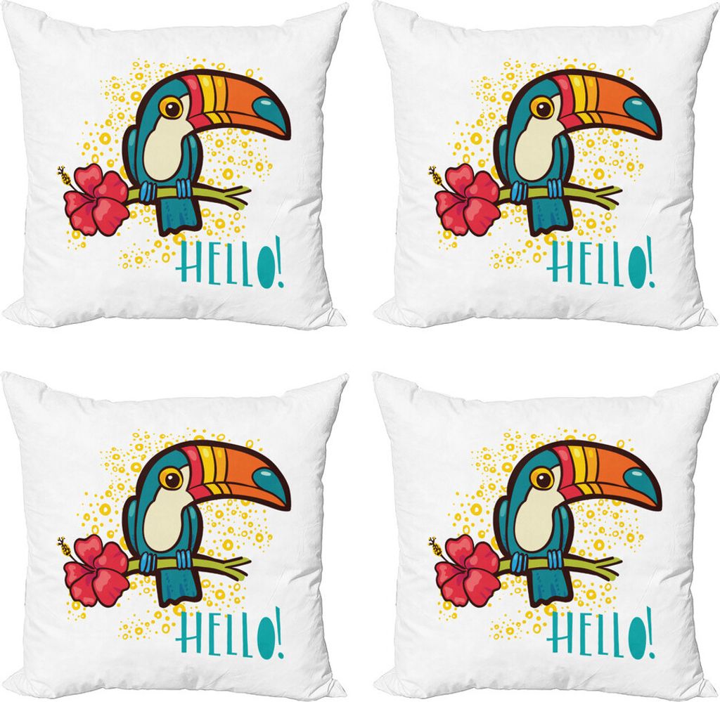 ABAKUHAUS Hallo Kissenbezug Set (4 Stück), Toucan Vogel mit Hibiscus, Moderner Doppelseitiger Digitaldruck, 60 cm x 60 cm, Mehrfarbig