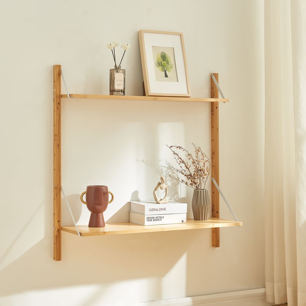 A wooden wall shelf with decorative items on it.