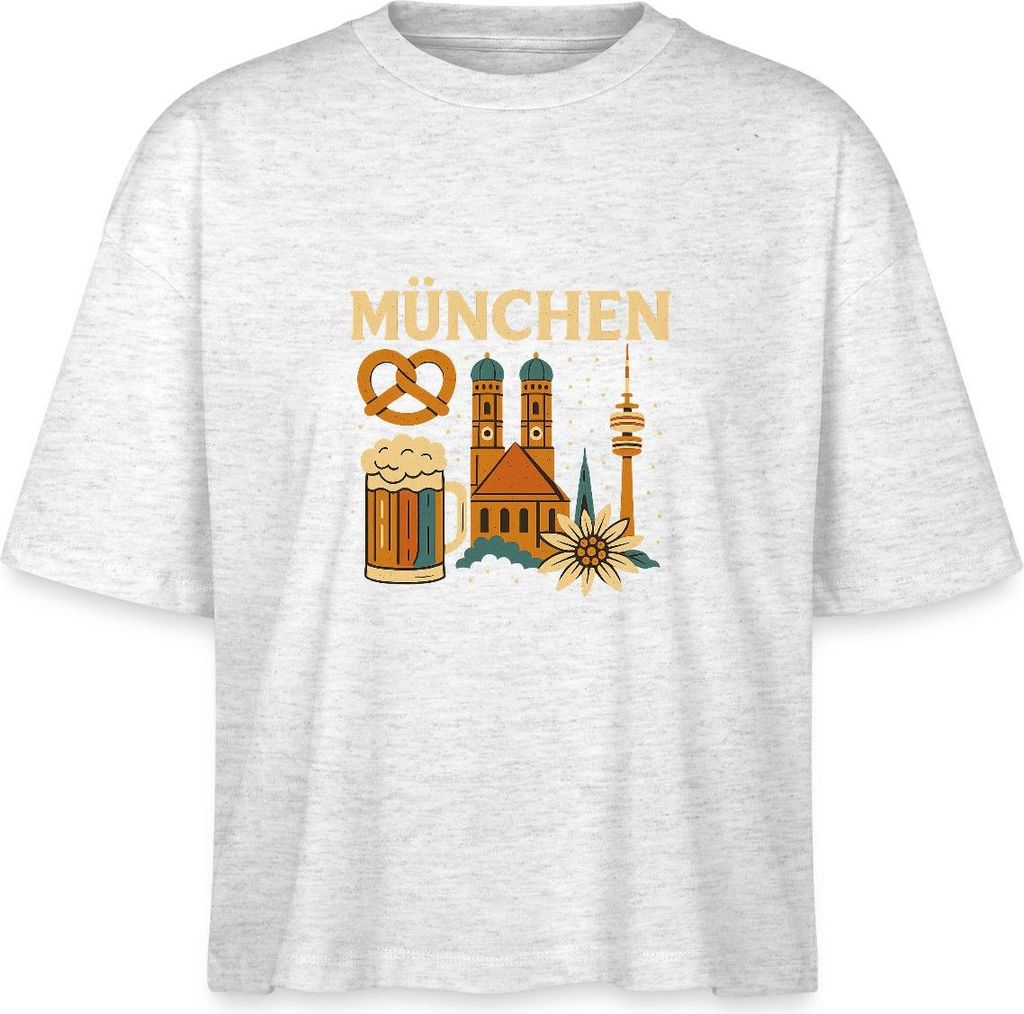 Spreadshirt München Bayern Edelweiss Brezn Bierkrug Boxy Shirt Damen, XS, Weiß meliert