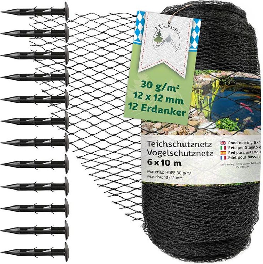 TTL GARDEN Teichnetz 6x10m schwarz 30g/m² Vogelschutznetz HDPE engmaschig reißfest mit Bodenanker