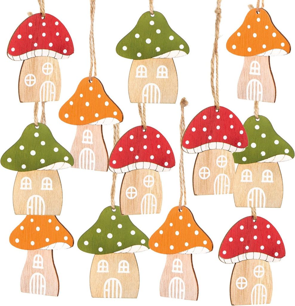 12 Pilze aus Holz zum Aufhängen - Weihnachtsdeko 8 cm rot grün orange