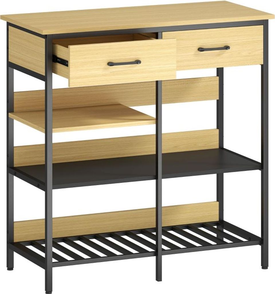 Sideboard, Kommode mit 2 Schubladen und 3 offenen Regalfächern, Küchen-/Wohnzimmermöbel, 90 x 40 x 91 cm, Naturholz