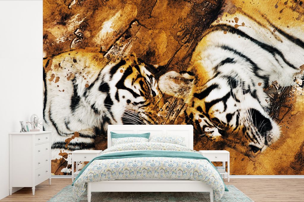 MuchoWow Fototapete für Wohnzimmer oder Schlafzimmer Wandtapete Vinyl Motivtapete Tiger - Baum - Natur - 420x280 cm - Zimmer für Kinder