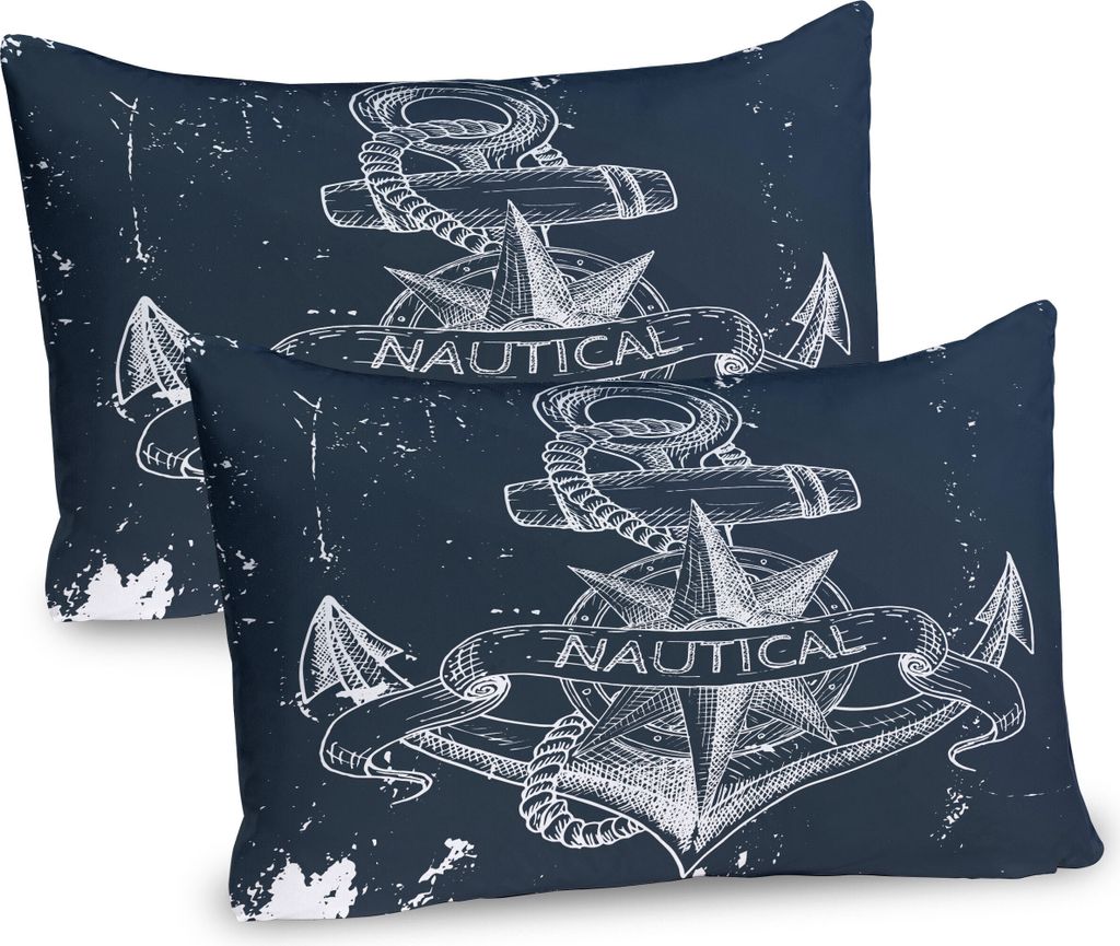 ABAKUHAUS Marine Kissenbezug Packung mit 2, Nautischer Knoten-Kompass-Anker-Muster-Seeweltozean-Leben-Schmutz-Illustration, Dekorativer Gedruckter ...