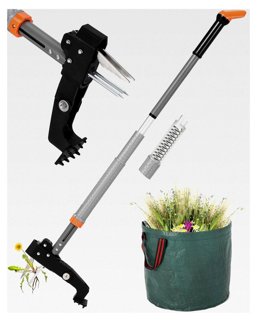 Teleskop-Unkrautstecher mit Stiel (Länge 91 cm - 117 cm) + 50L Gartensack, Unkrautausstecher mit 4 Edelstahlkrallen, automatisches Rückprallsystem