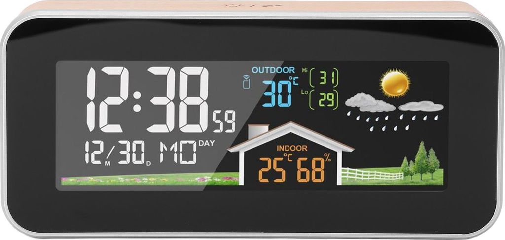 Wettervorhersageuhr LCD-Farbdisplay Kabelloser digitaler Wetterwecker mit Temperatur-Feuchtigkeitssensor für den Innen- und Außenbereich