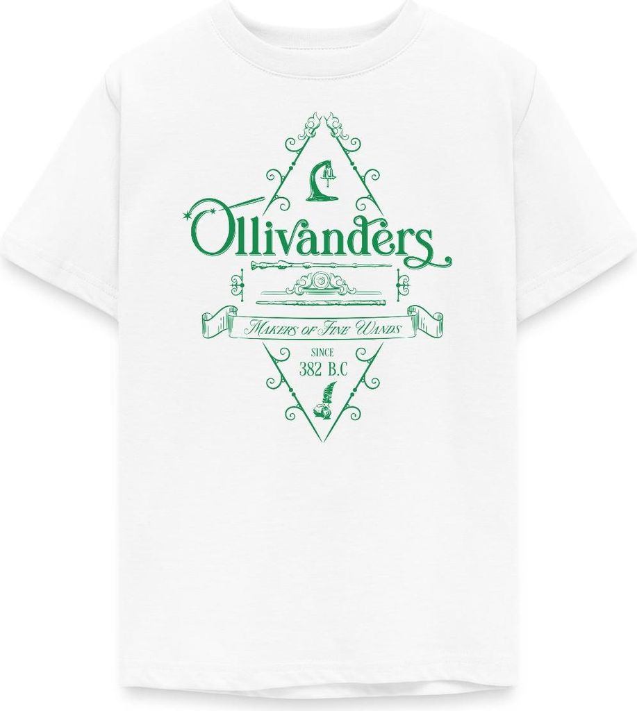 Spreadshirt Harry Potter Ollivanders Geschäft Grünes Logo Teenager T-Shirt, 152/164 (12-14 Jahre), Weiß
