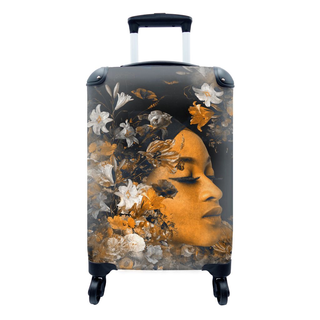 MuchoWow Koffer Handgepäck Trolley Rollkoffer Kleine Reisekoffer mit 4 Rollen - Blume - Frauen - Gold - Cabin Size < 55x40x23 cm & 55x40x20 cm -...