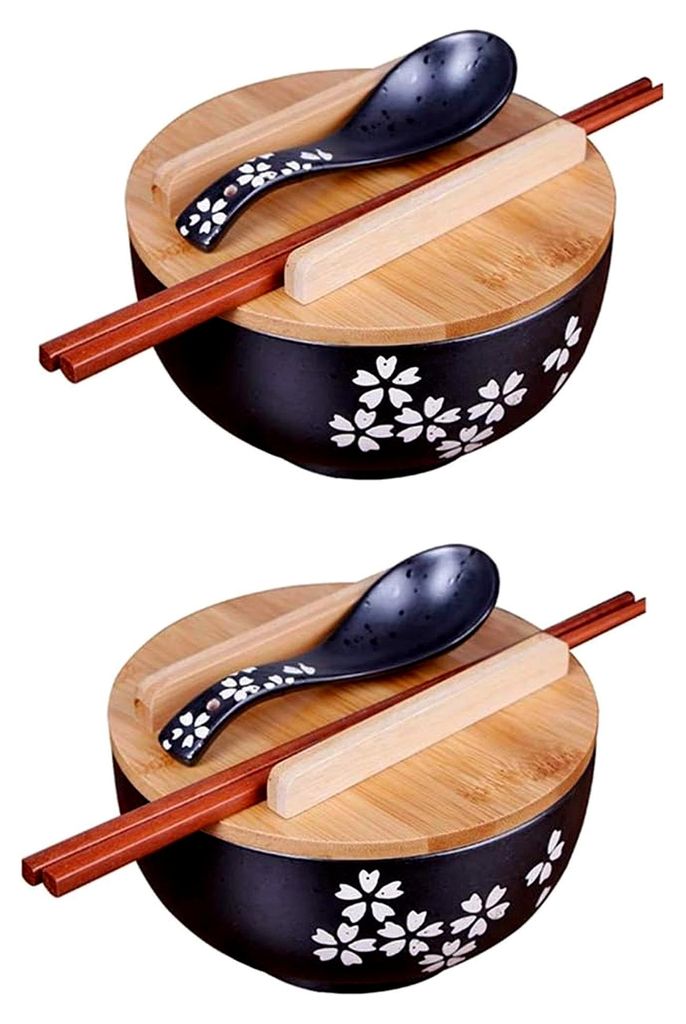 2 Stück Japanische Küche Geschirr Koreanische Vintage Schüssel Japanischer Stil Schwarz Keramik Instant Nudel Schüssel mit Stäbchen, Deckel un...