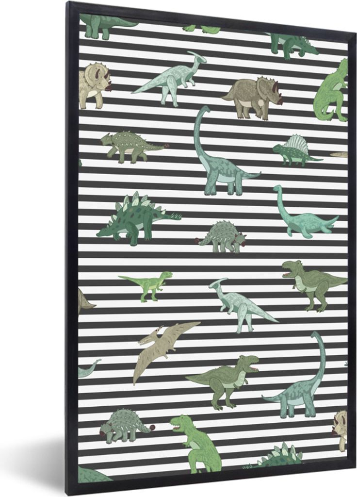 MuchoWow Gerahmtes Poster Kinderzimmer - Schwarz - Dinosaurier - Jungen - Mädchen - Kinder 20x30 cm - Poster mit Schwarzem Bilderrahmen Wandpost...