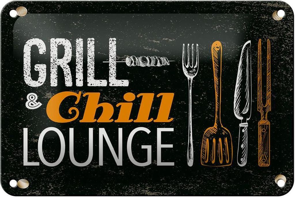 Blechschild Grill & Chill Fleisch Grillen, 18 x 12 cm, Blechschilder Spruch Fleisch Grillbesteck