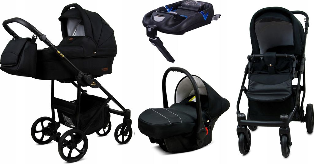 BabyLux AIR | 4in1 Kinderwagen Set | Onyx | Kombikinderwagen | Kinderwagenset | Isofix-Basisstation + Buggy + Babywanne + Autositz / Auto-Babyschale