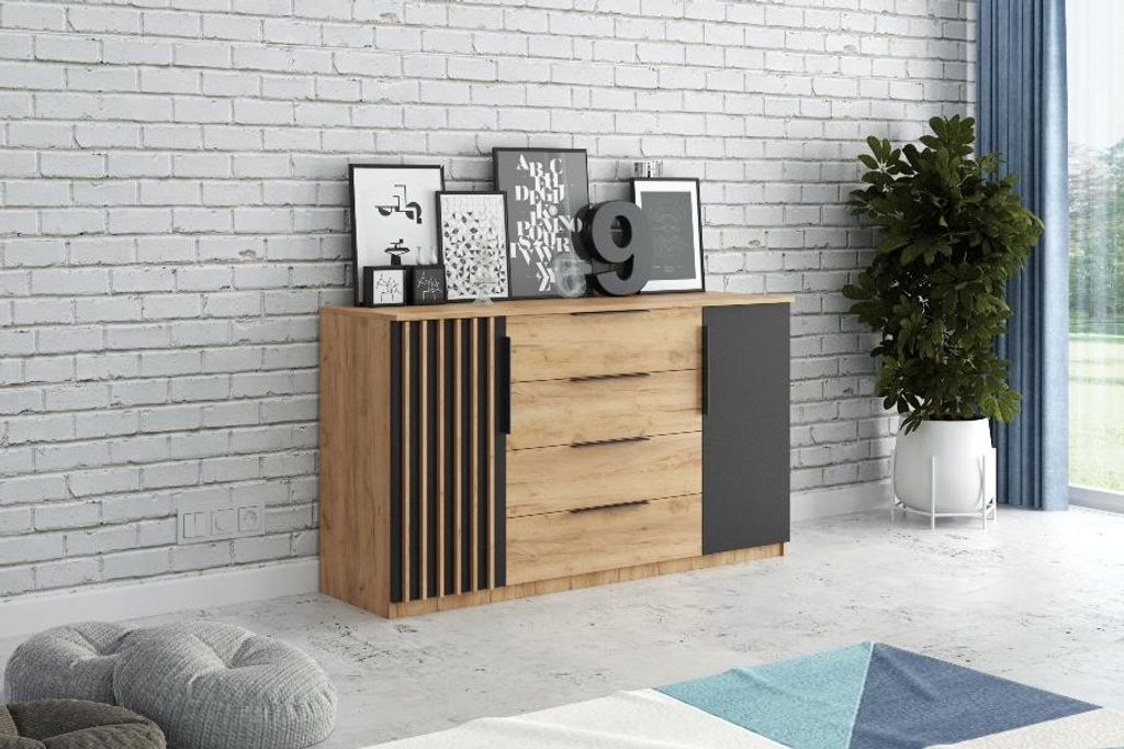 Kommode mit Lamellen Sorento - Moderne Kommode Minimalistisch, Loft-Stil - 160x48x89 cm - Korpus Craft Gold, Fronten Schwarz/Craft Gold, Lamellen Craf