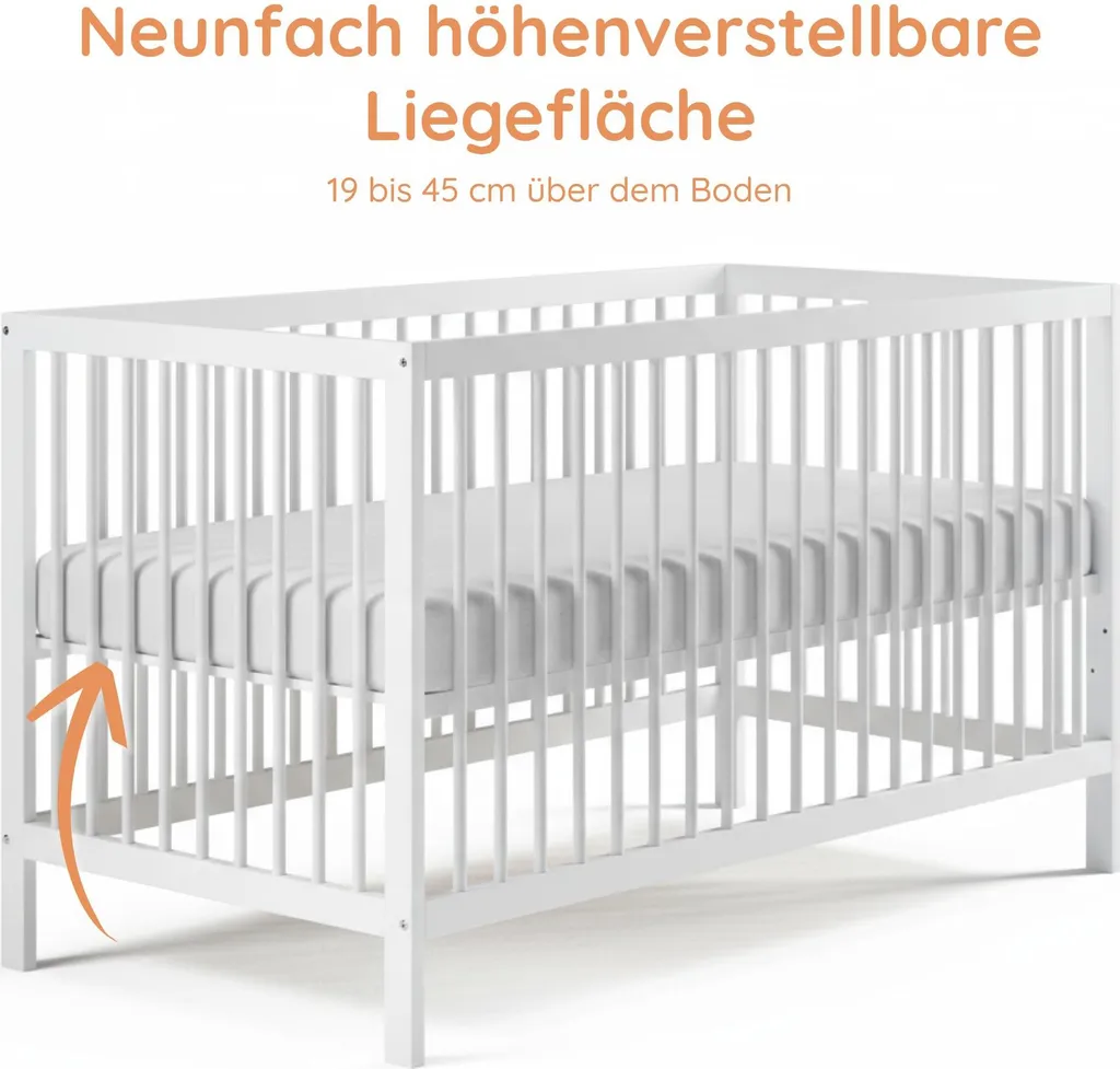 Lit bébé sécurisé anti-chute en hêtre blanc réglable et très stable
